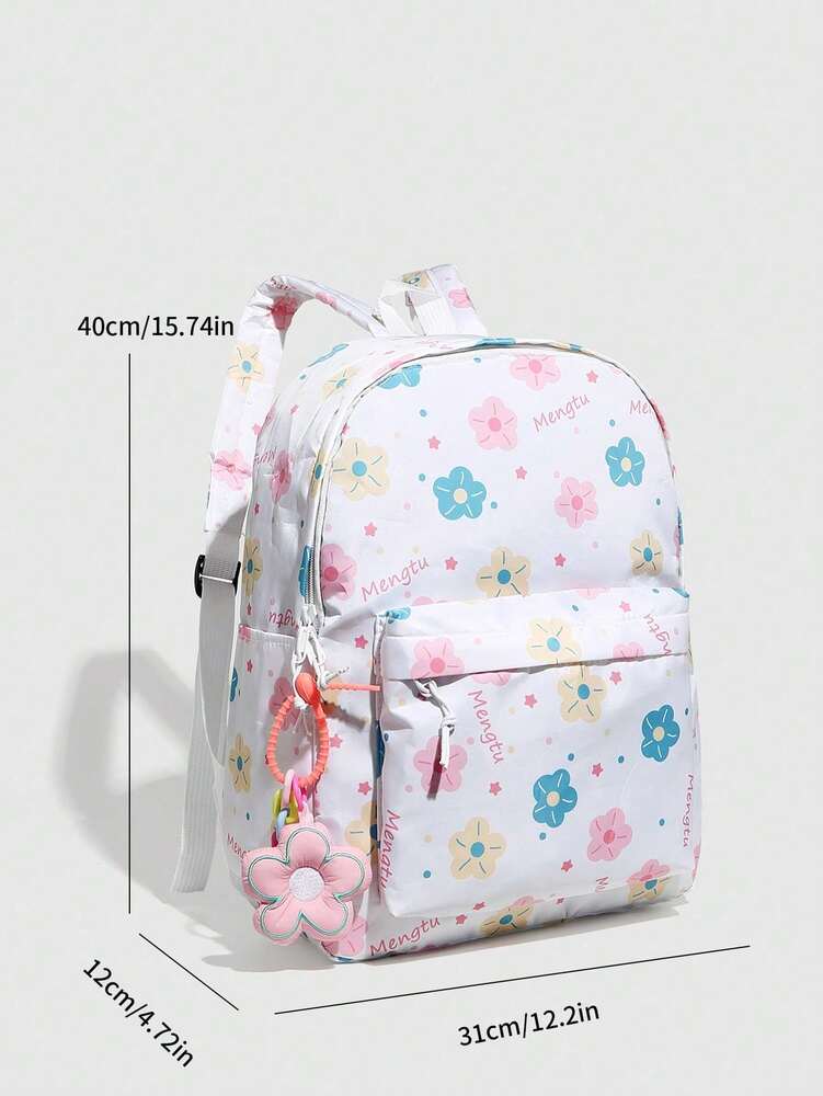 Color Block Cartoon Print Backpack With Flower Pendant Large Capacity School Bag Casual Travel Daypack For Girls Random Print Position