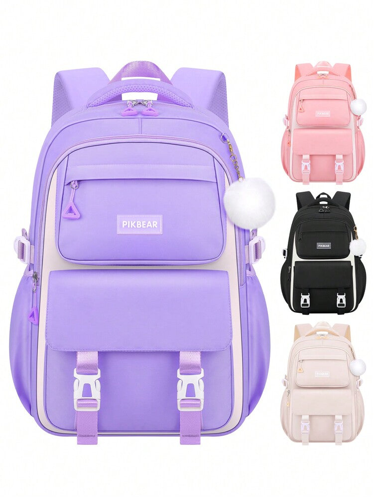 Purple Pink Large Capacity Girls Backpack With Pendant Lightweight Multi Purpose Casual School Bag Birthday Gift Back To School Travel