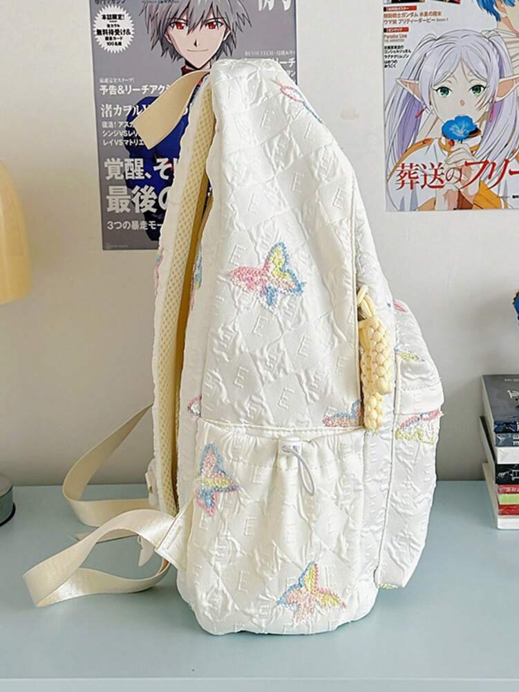 Butterfly Print Girls Nylon Backpack Zipper Closure Simple Casual School Bag Suitable For All Seasons Lightweight Travel Daypack