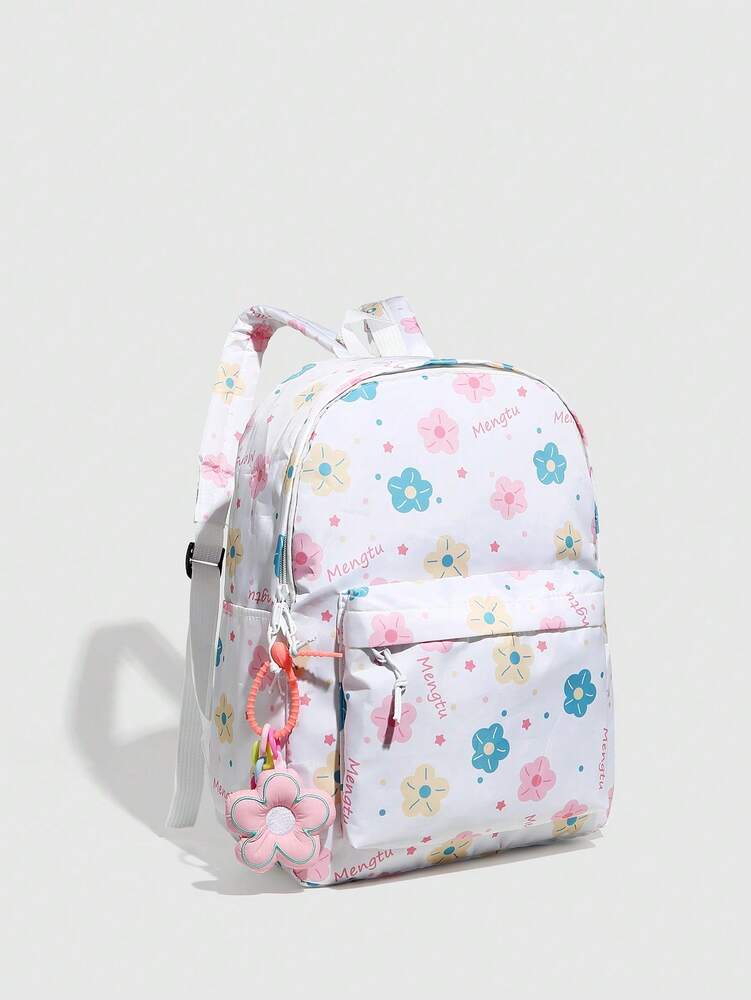 Color Block Cartoon Print Backpack With Flower Pendant Large Capacity School Bag Casual Travel Daypack For Girls Random Print Position