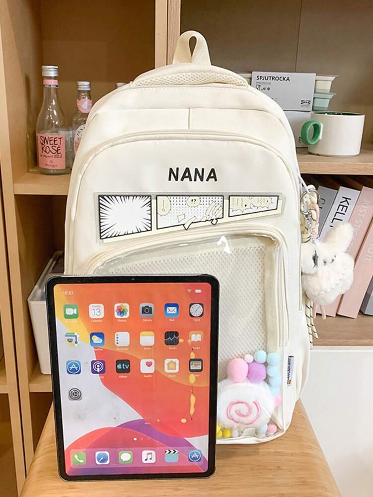 Solid Color Nylon Printed Backpack Girls Casual Zipper Closure School Bag Lightweight Daily Use Student Daypack Without Pendant