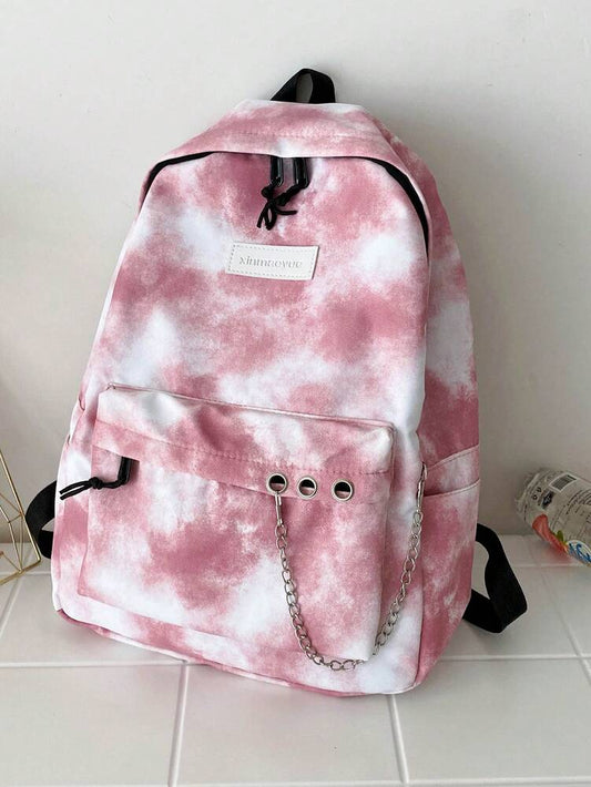 Tie Dye Backpack With Chain Decor Large Capacity Multi Pocket Casual School Bag Student Travel Holiday Campus Daypack Fashionable
