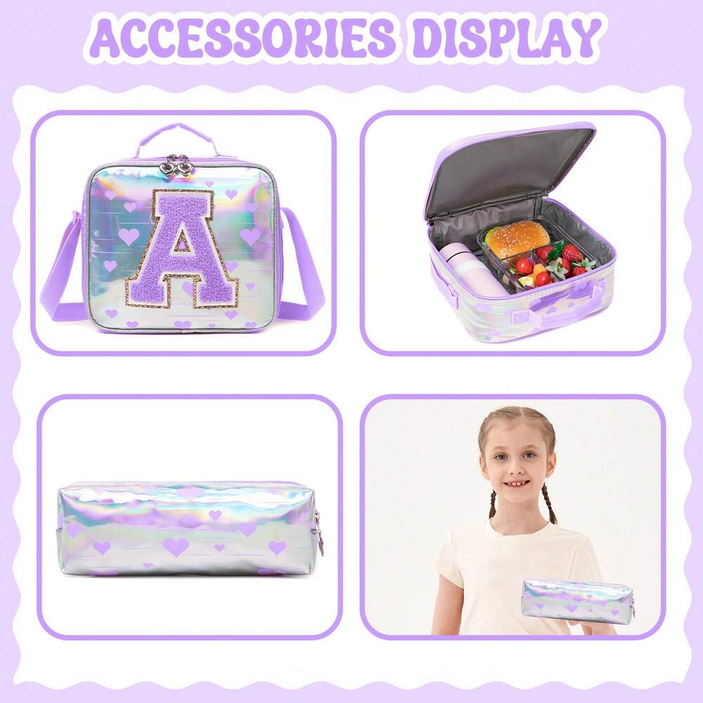 Purple Love Print Girls Backpack Letter Design Primary School Bag Casual Return To School Lightweight Cute Student Daypack Random Print