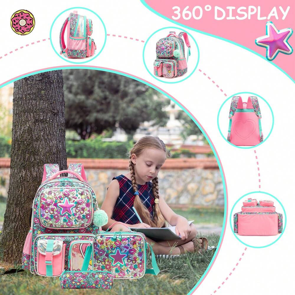 3pcs Elementary School Girls Backpack Set With Lunch Bag Cute Preschool Student Travel Bookbag Casual Lightweight 3 In 1 School Bag