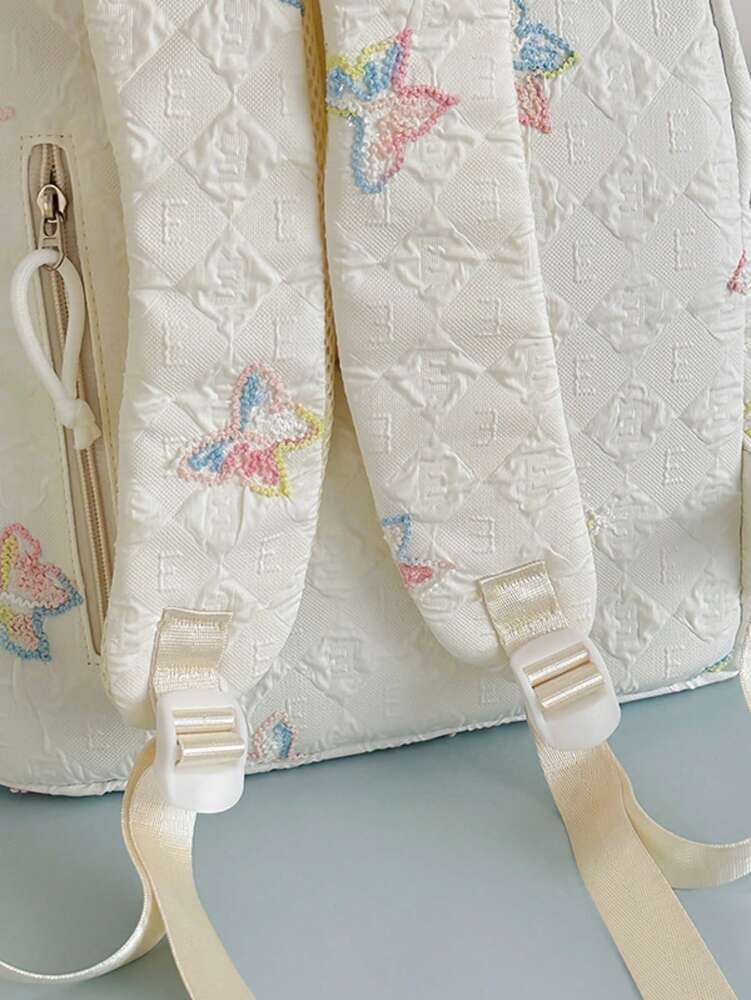 Butterfly Print Girls Nylon Backpack Zipper Closure Simple Casual School Bag Suitable For All Seasons Lightweight Travel Daypack