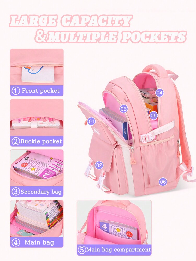 Purple Pink Large Capacity Girls Backpack With Pendant Lightweight Multi Purpose Casual School Bag Birthday Gift Back To School Travel