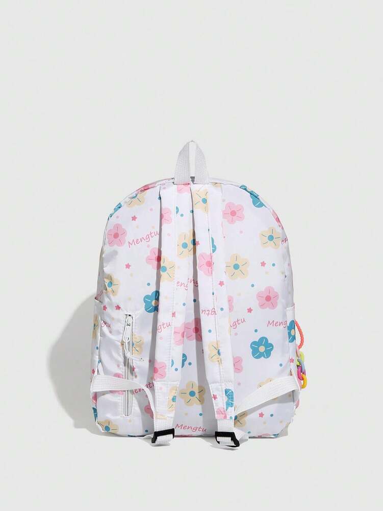 Color Block Cartoon Print Backpack With Flower Pendant Large Capacity School Bag Casual Travel Daypack For Girls Random Print Position