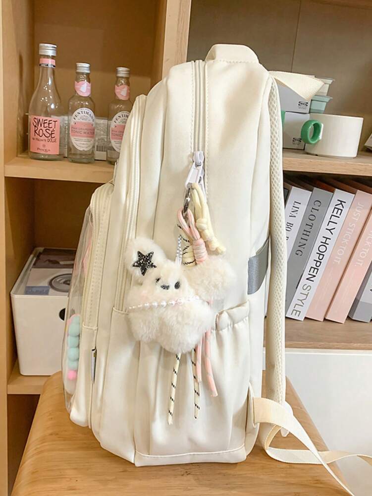 Solid Color Nylon Printed Backpack Girls Casual Zipper Closure School Bag Lightweight Daily Use Student Daypack Without Pendant