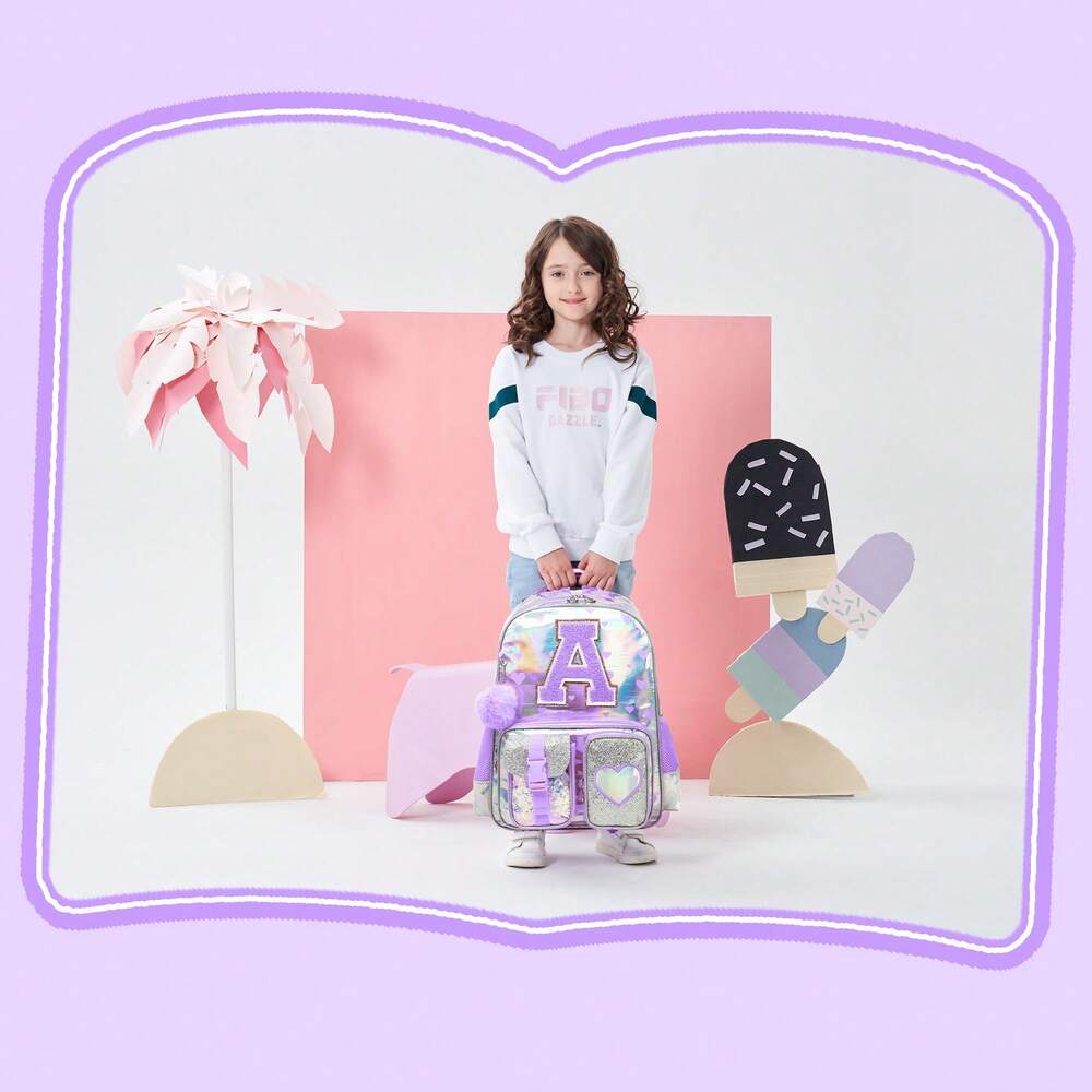 Purple Love Print Girls Backpack Letter Design Primary School Bag Casual Return To School Lightweight Cute Student Daypack Random Print