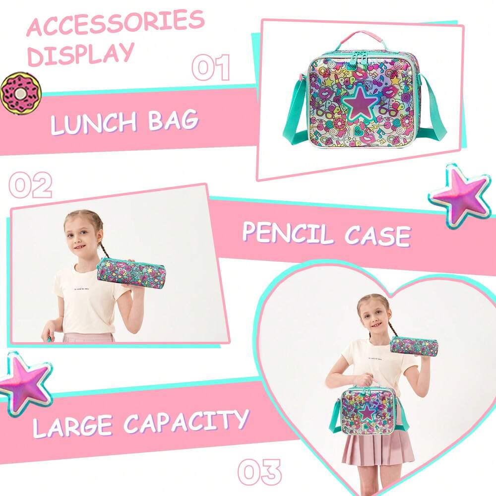 3pcs Elementary School Girls Backpack Set With Lunch Bag Cute Preschool Student Travel Bookbag Casual Lightweight 3 In 1 School Bag