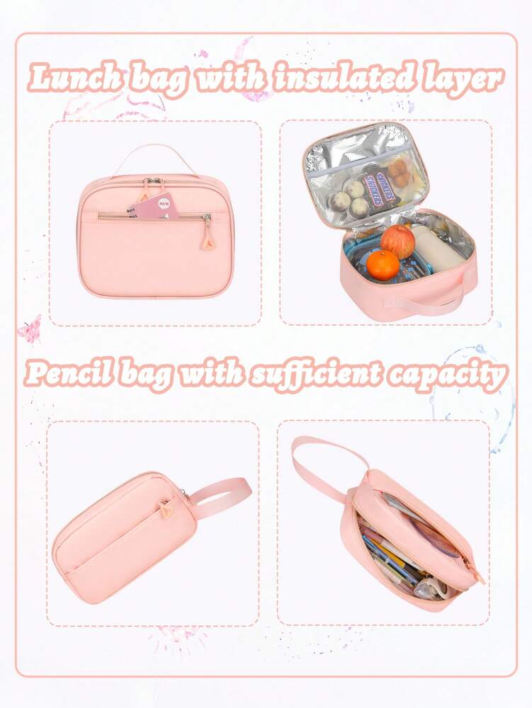 3pcs Teen Girls Backpack Set Laptop School Bag With Lunch Box Pencil Case Multi Pocket Casual Plush Ball Pendant Back To School Travel
