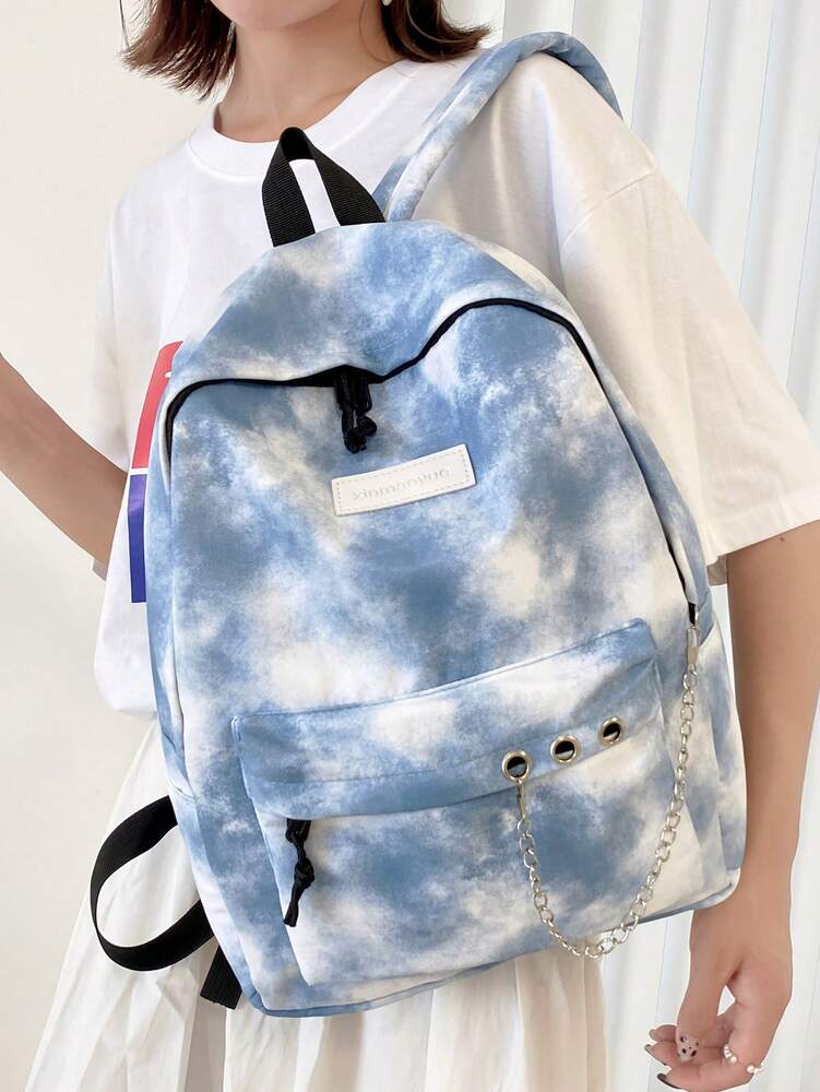 Tie Dye Backpack With Chain Decor Large Capacity Multi Pocket Casual School Bag Student Travel Holiday Campus Daypack Fashionable