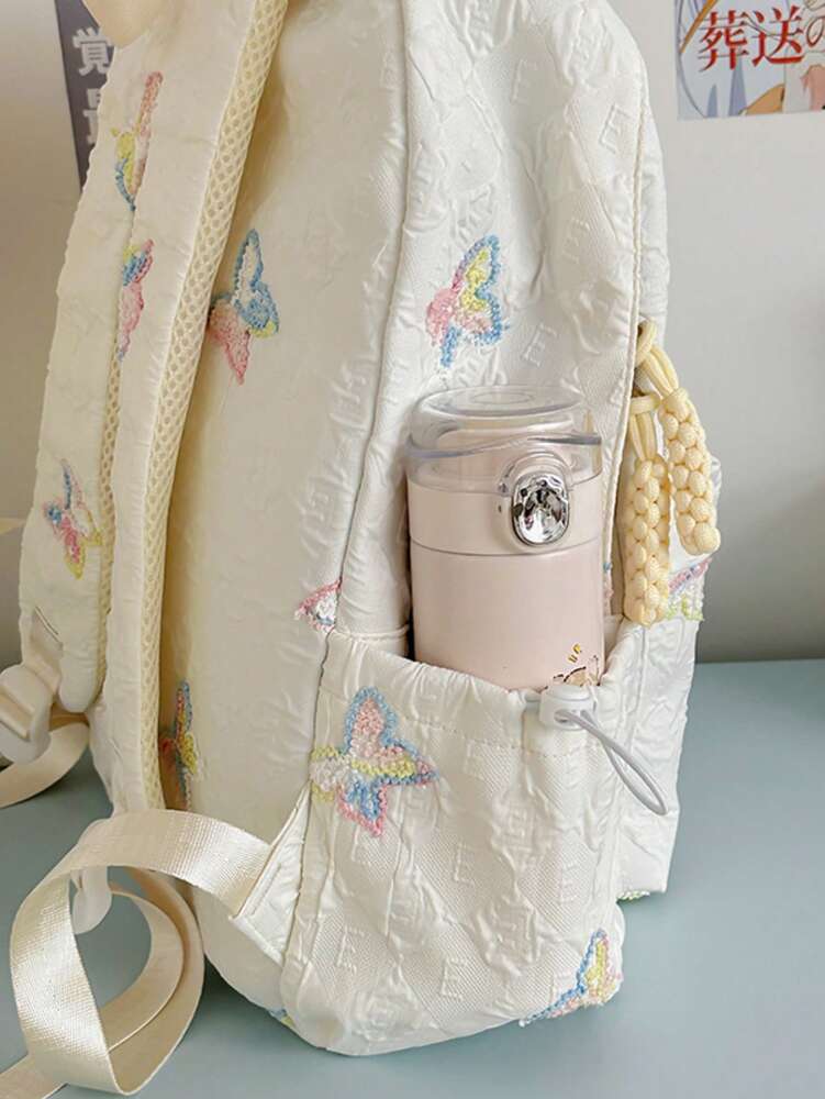 Butterfly Print Girls Nylon Backpack Zipper Closure Simple Casual School Bag Suitable For All Seasons Lightweight Travel Daypack