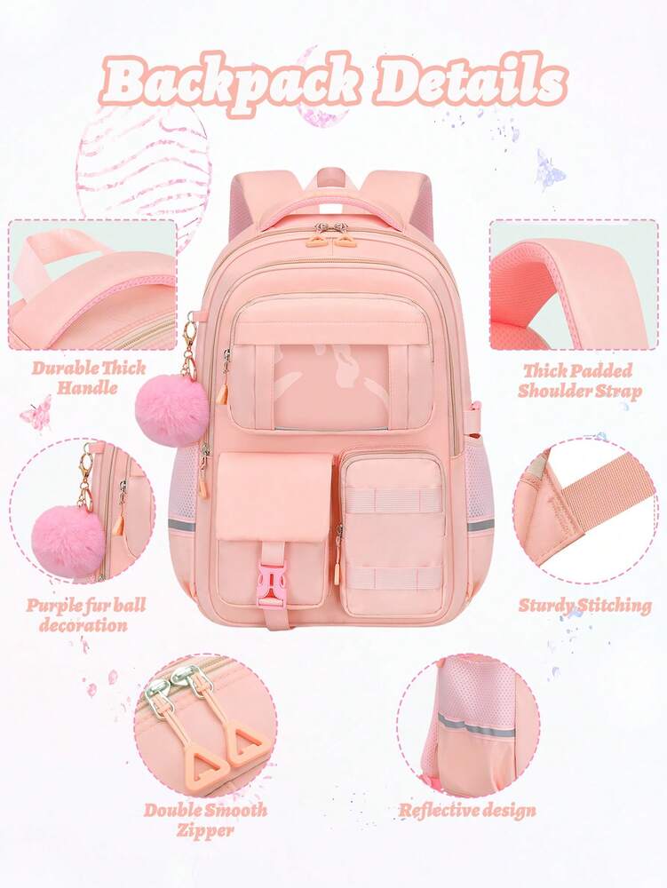 3pcs Teen Girls Backpack Set Laptop School Bag With Lunch Box Pencil Case Multi Pocket Casual Plush Ball Pendant Back To School Travel