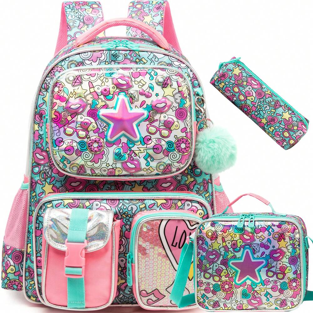 3pcs Elementary School Girls Backpack Set With Lunch Bag Cute Preschool Student Travel Bookbag Casual Lightweight 3 In 1 School Bag