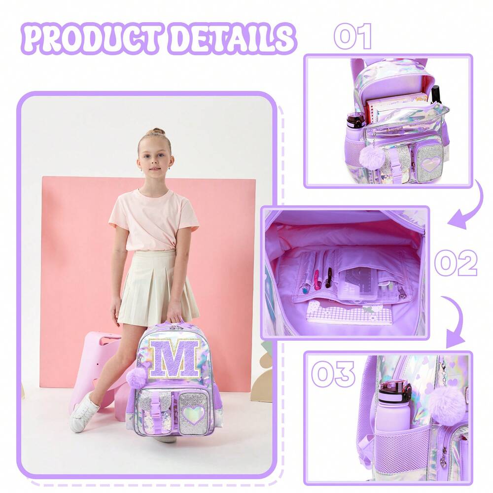 Purple Love Print Girls Backpack Letter Design Primary School Bag Casual Return To School Lightweight Cute Student Daypack Random Print