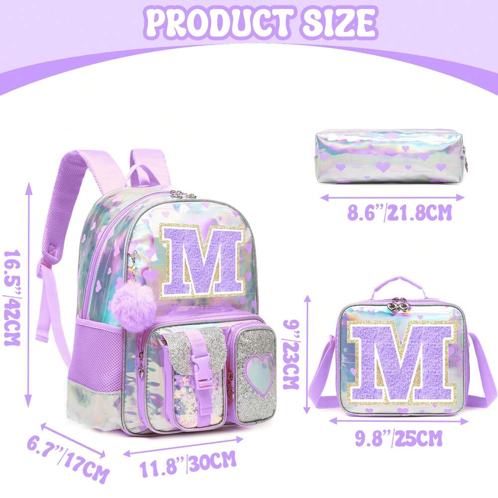 Purple Love Print Girls Backpack Letter Design Primary School Bag Casual Return To School Lightweight Cute Student Daypack Random Print