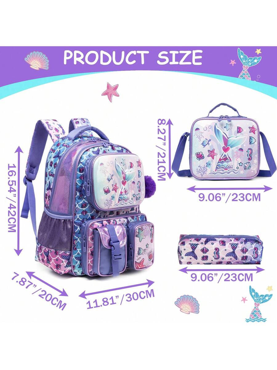 3pcs Elementary School Girls Backpack Set With Lunch Bag Cute Preschool Student Travel Bookbag Casual Lightweight 3 In 1 School Bag
