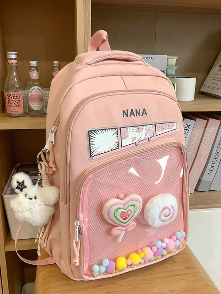 Solid Color Nylon Printed Backpack Girls Casual Zipper Closure School Bag Lightweight Daily Use Student Daypack Without Pendant