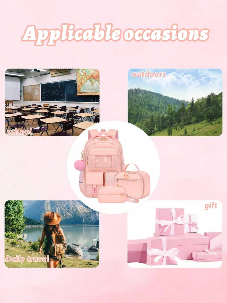 3pcs Teen Girls Backpack Set Laptop School Bag With Lunch Box Pencil Case Multi Pocket Casual Plush Ball Pendant Back To School Travel